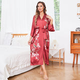 Cherry Blossom And Birds Print 100% Long Silk Kimono Robe