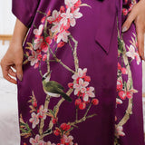 Cherry Blossom And Birds Print 100% Long Silk Kimono Robe - slipintosoft