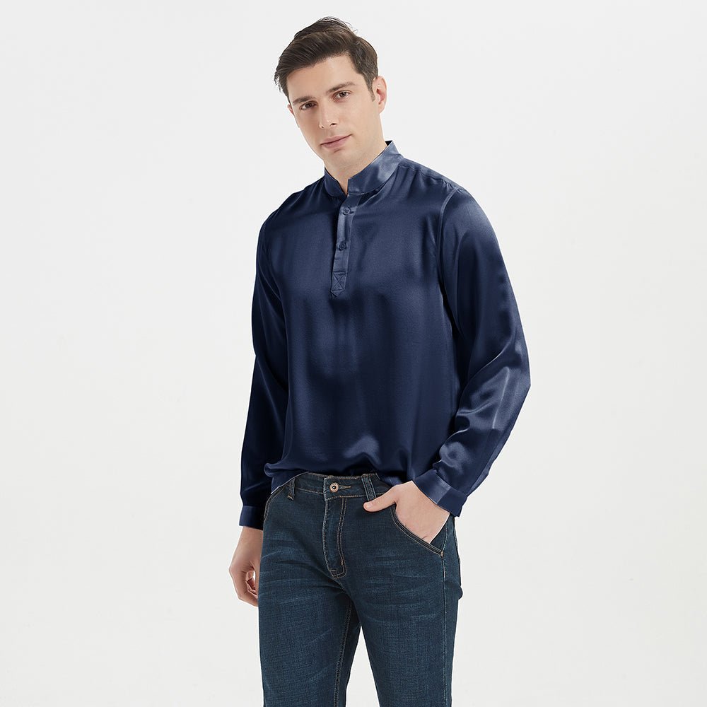 Classic Silk Pullover Shirt For Men 100% Mulberry Silk Long Sleeves Stand Collar Top - slipintosoft