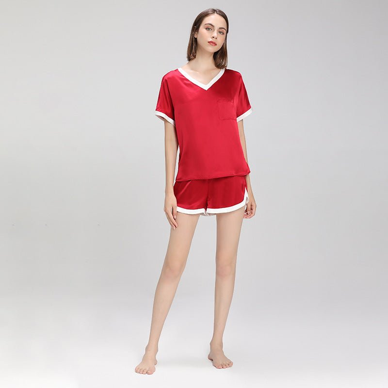 Contrast Color Short Sleeved Silk Pajama Set for Women Short Silk Sleepwear