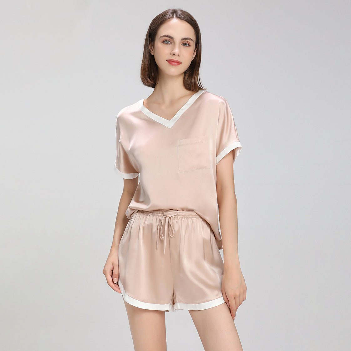 Contrast Color Short Sleeved Silk Pajama Set for Women Short Silk Sleepwear