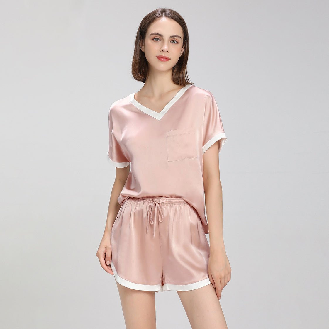 Contrast Color Short Sleeved Silk Pajama Set for Women Short Silk Sleepwear