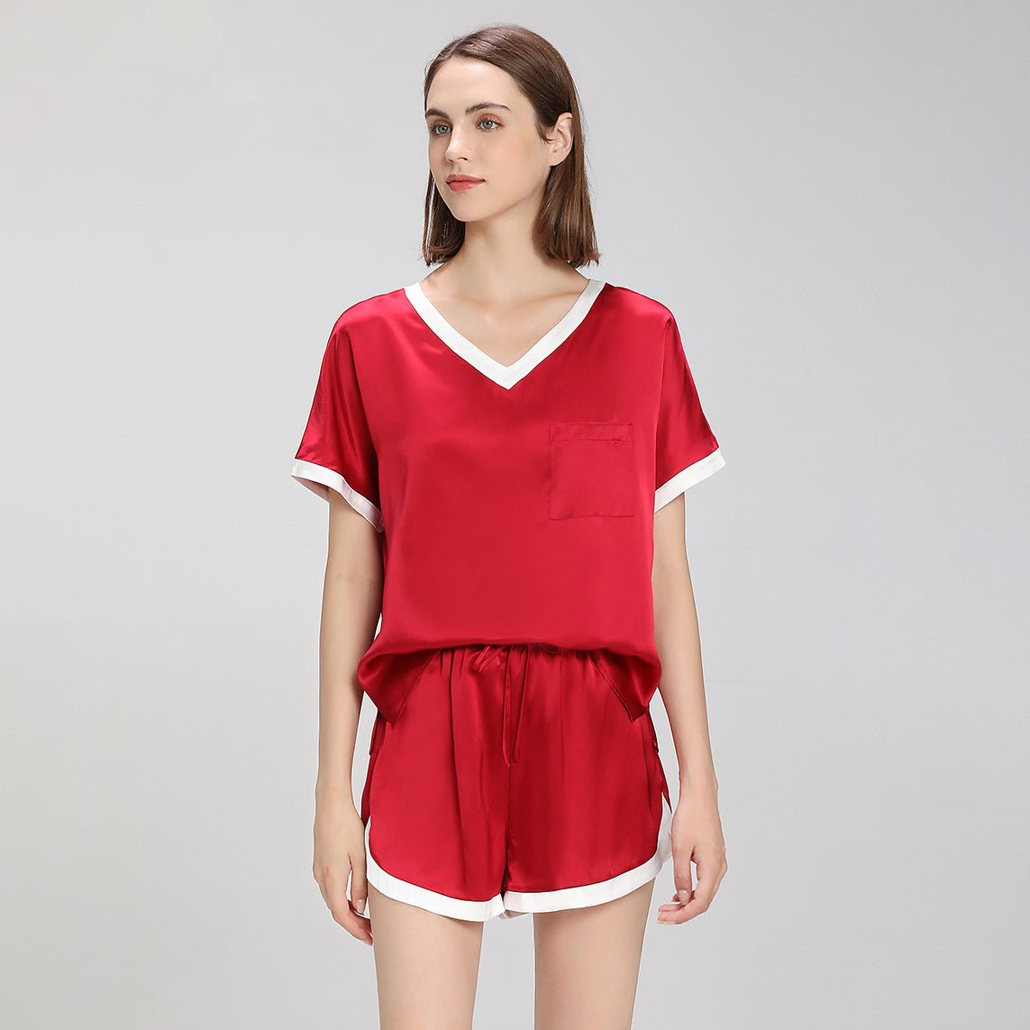 Contrast Color Short Sleeved Silk Pajama Set for Women Short Silk Sleepwear