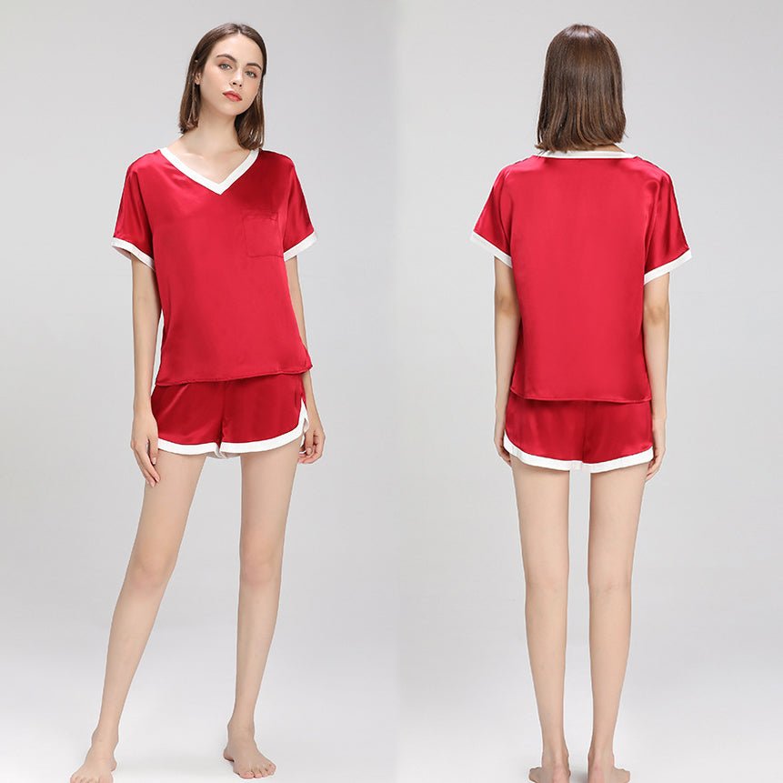 Contrast Color Short Sleeved Silk Pajama Set for Women Short Silk Sleepwear - slipintosoft