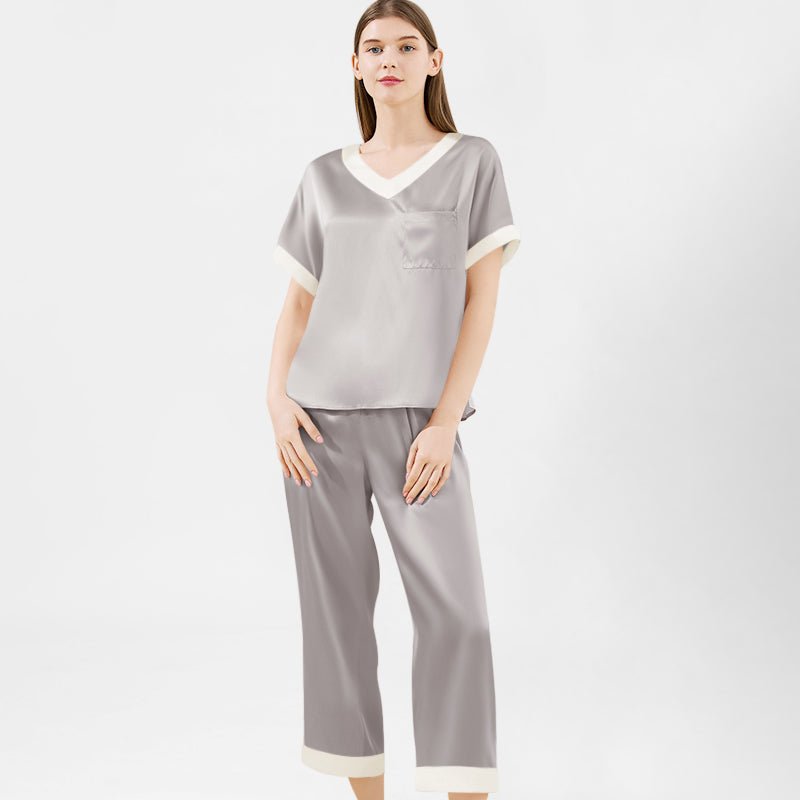 Contrast V Neck Ladies Silk Pajamas