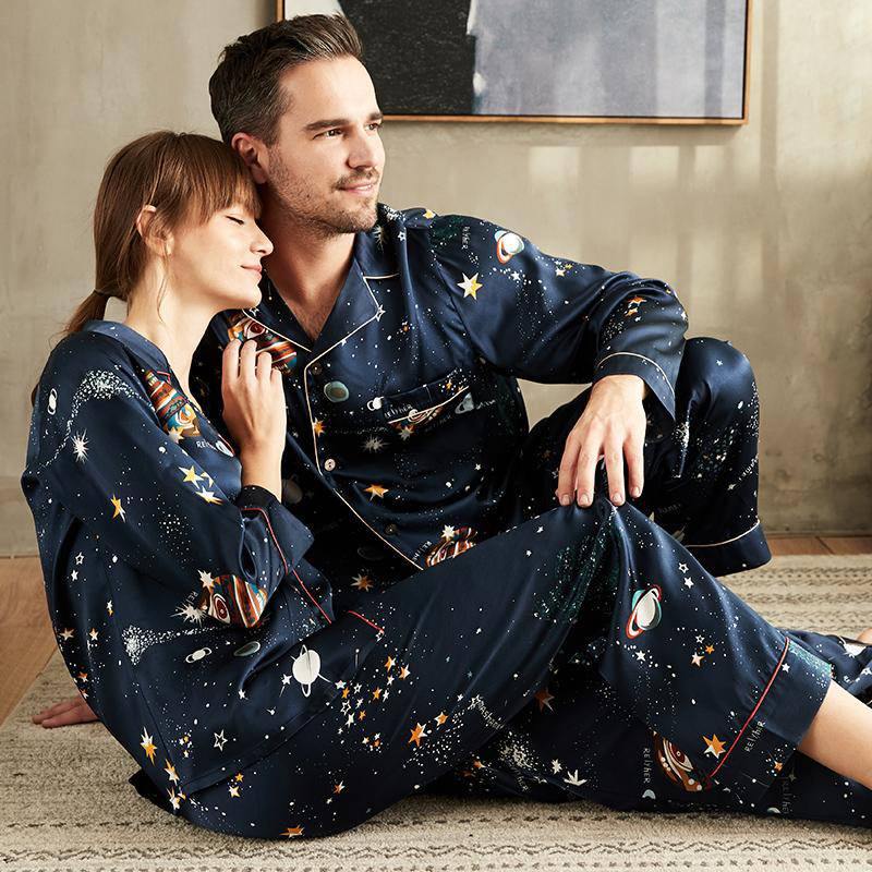 Couples Silk Matching Pajamas Long universe Printed Silk Pajama Set