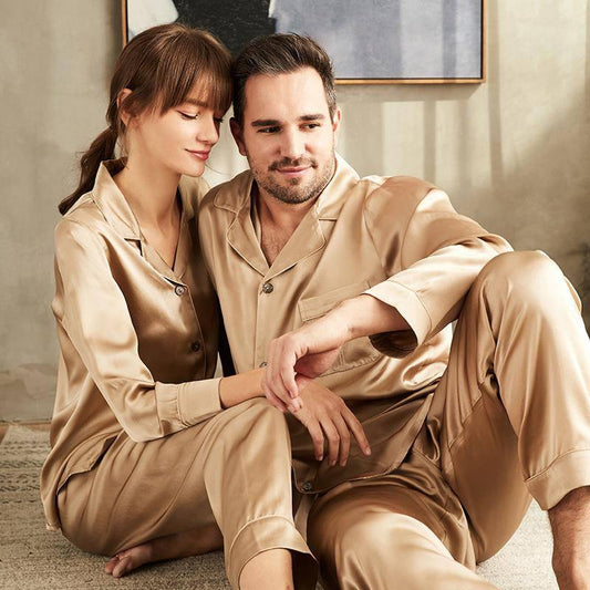 Long Silk Matching Pajamas Set for Women and Men 4pcs