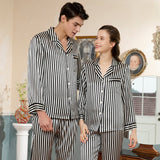 Couples Silk Matching Pajamas Sets Long Striped Couples silk sleepwear