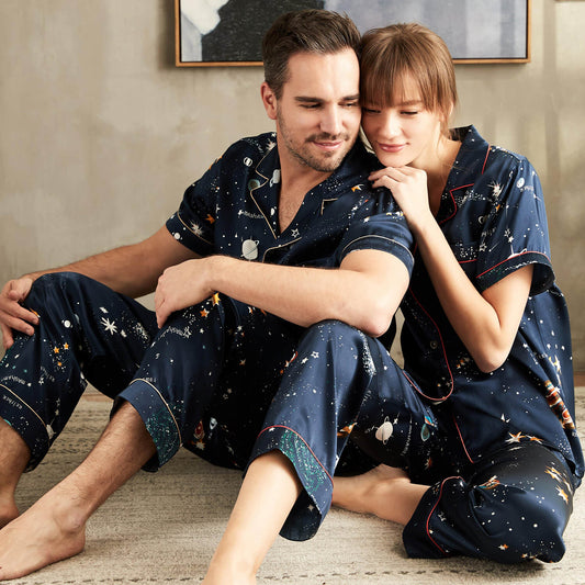 Couples Silk Matching Pajamas Sets universe Printed Silk Pajamas