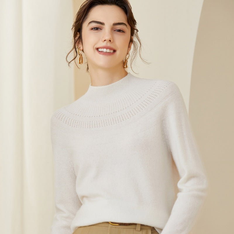 Women Cashmere Sweater Half Turtleneck Openwork Yoke Cashmere Pullover