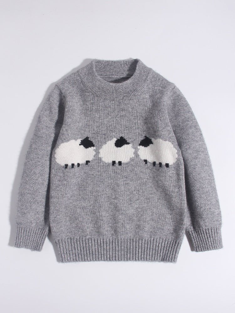 Cute Kids Pure Cashmere Sweater Sheep Intarsia Knit Cashmere Pullover Ribbing Hem