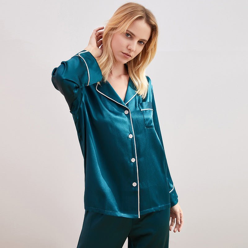 Dark Green Piped Full Length Silk Pyjama Set For Women