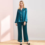 Dark Green Piped Full Length Silk Pyjama Set For Women