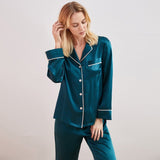 Dark Green Piped Full Length Silk Pyjama Set For Women