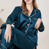 Dark Green Piped Full Length Silk Pyjama Set For Women