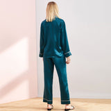 Dark Green Piped Full Length Silk Pyjama Set For Women