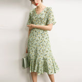 Elegant Floral Print Women's Silk Dress Pure 100% Pure Silk Dresses