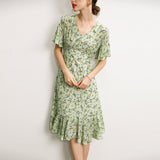 Elegant Floral Print Women's Silk Dress Pure 100% Pure Silk Dresses