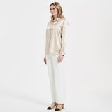 Elegant Womens Pearl Buckle Silk Blouse Silk Long Sleeves Shirt