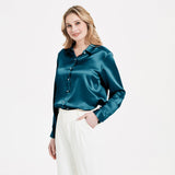 Elegant Womens Pearl Buckle Silk Blouse Silk Long Sleeves Shirt