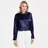 Elegant Womens Pearl Buckle Silk Blouse Silk Long Sleeves Shirt