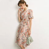 Floral Pure Silk Midi Dress Guest Party Silk Wrap Dresses