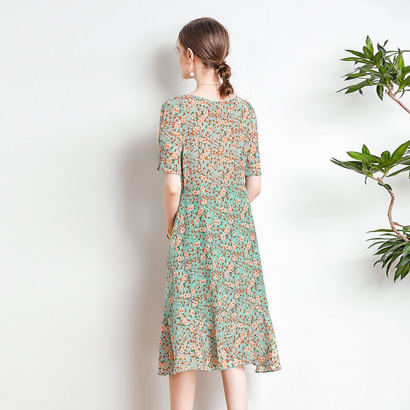Floral Silk Dress For Women 100% Mulberry Short-Sleeves Elegant Ladise Silk Dress - slipintosoft