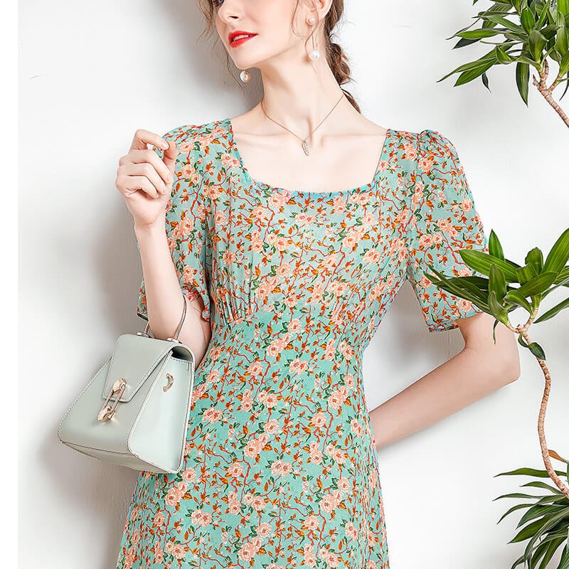 Floral Silk Dress For Women 100% Mulberry Short-Sleeves Elegant Ladise Silk Dress - slipintosoft