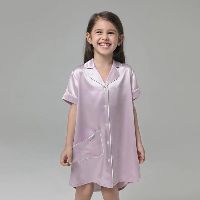 19 Momme Kid's Silk Nightshirt Girls Fashion Sleep Shirt with Pocket White Piping -  slipintosoft