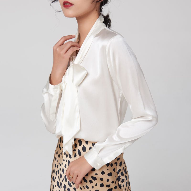 Gold Tie Neck Long Sleeve Silk Shirt For Women