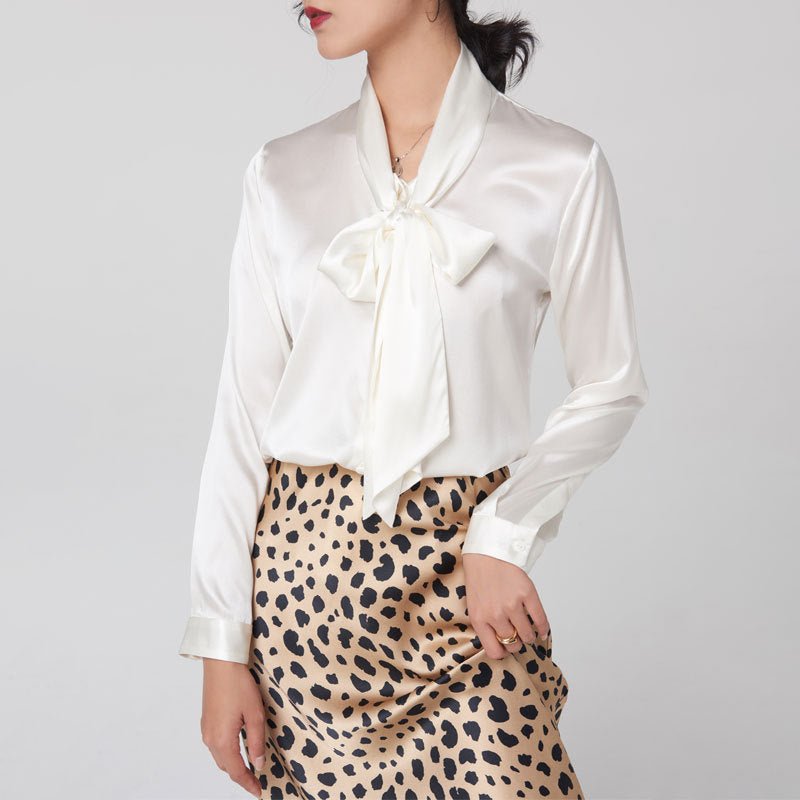 Gold Tie Neck Long Sleeve Silk Shirt For Women