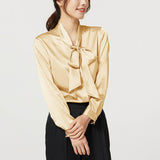 Gold Tie Neck Long Sleeve Silk Shirt For Women