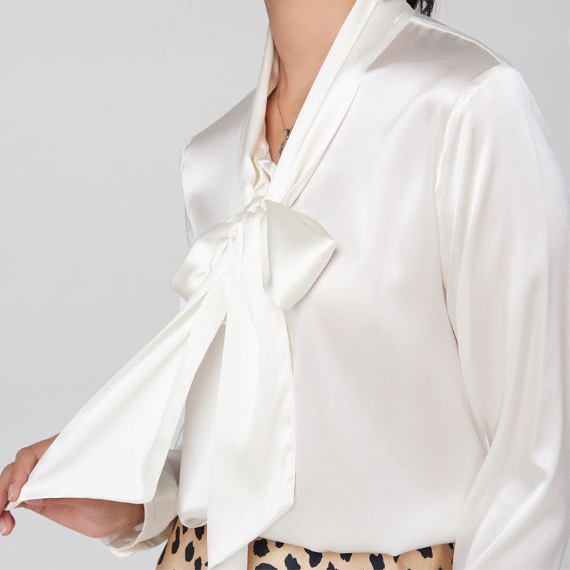 Gold Tie Neck Long Sleeve Silk Shirt For Women