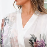 Grey and White Ombre Peony Print Floral Long 100% Silk Kimono Robe - slipintosoft