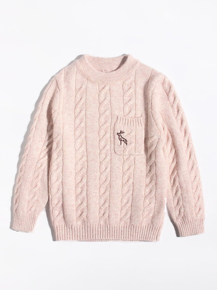 Kids Chunky Cable Knit Cashmere Sweater with Pocket Deer Embroidery Cashmere Pullover