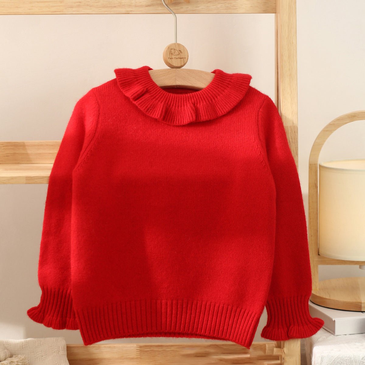 Kids Pure Cashmere Sweater Ruffled Neck and Cuffs Cashmere Pullover