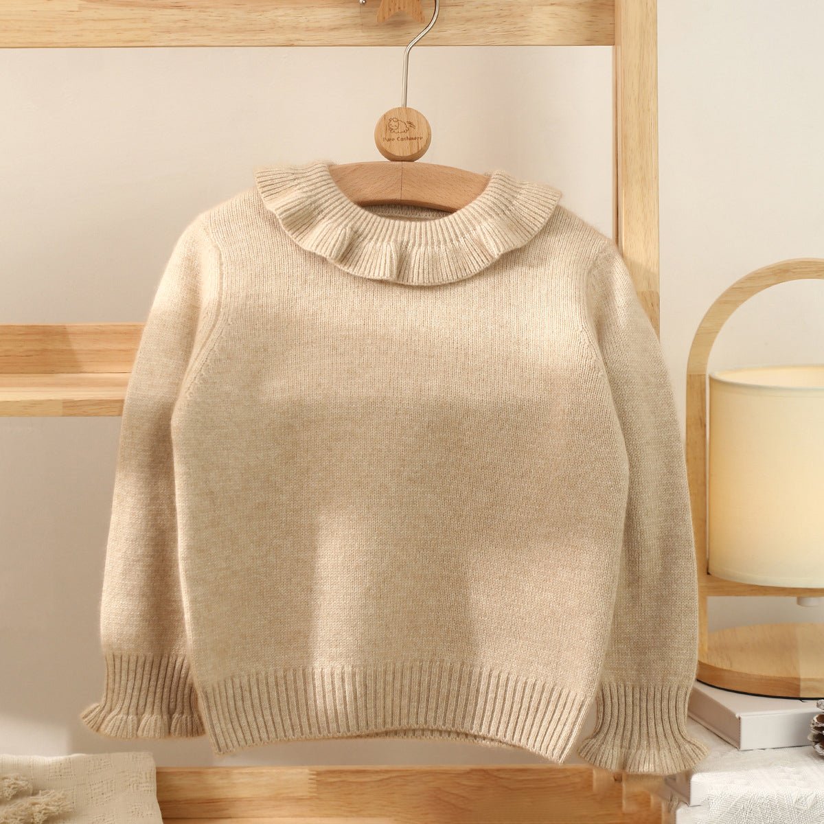 Kids Pure Cashmere Sweater Ruffled Neck and Cuffs Cashmere Pullover