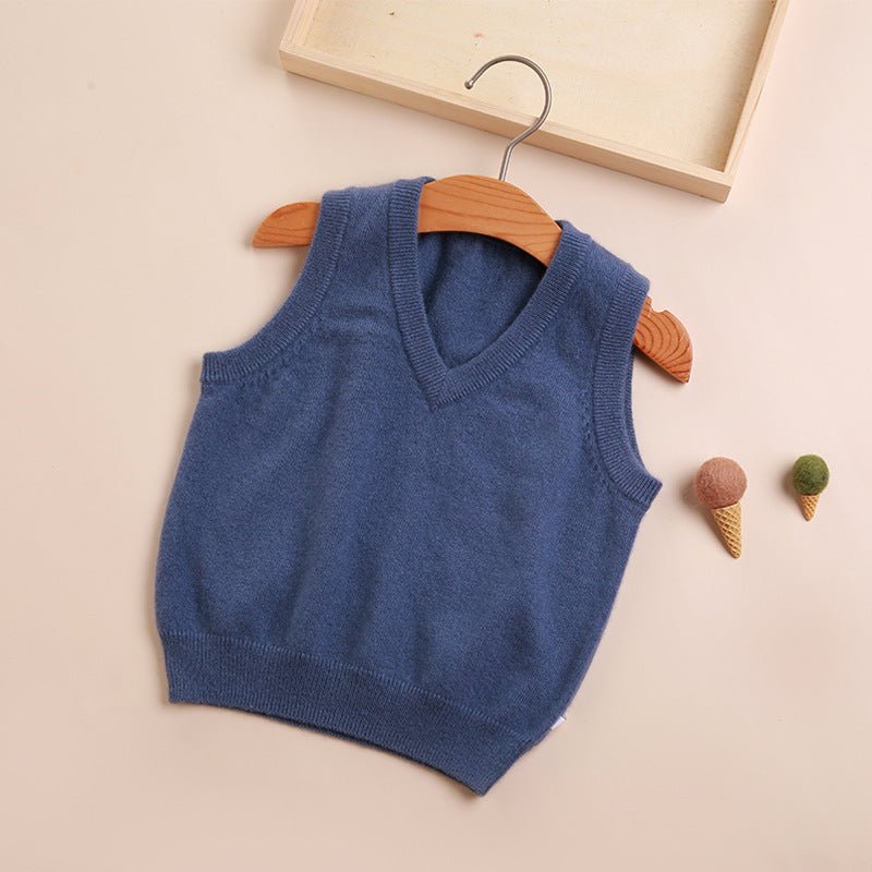 Kids V Neck Cashmere Sweater Sleeveless Cashmere Vest Ribbing Hem