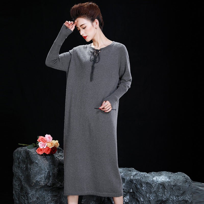 Womens Cashmere Knit Midi Dress Long Sleeve Loose Fit Tie Neck Dress