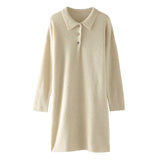 Womens Cashmere Polo Collar Knit Sweater Dress Long Sleeve Lapel Dress