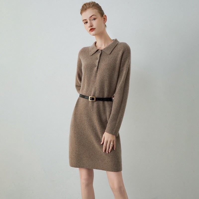 Womens Cashmere Polo Collar Knit Sweater Dress Long Sleeve Lapel Dress