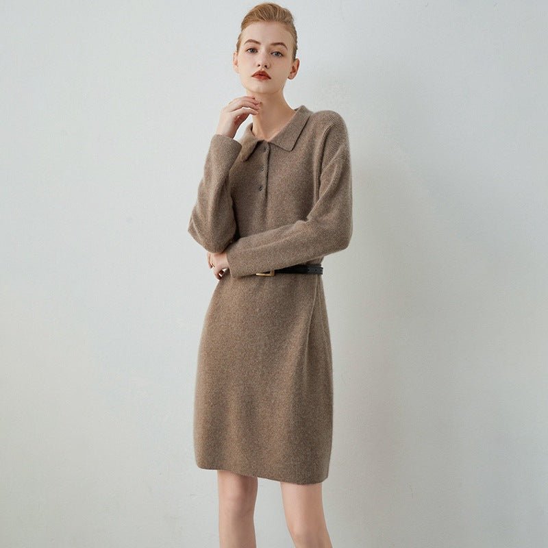 Womens Cashmere Polo Collar Knit Sweater Dress Long Sleeve Lapel Dress