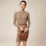 Womens Cashmere Ribbed Knit Dress Long Sleeve Pure Cashmere Dress