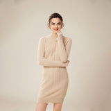 Womens Cashmere Ribbed Knit Dress Long Sleeve Pure Cashmere Dress