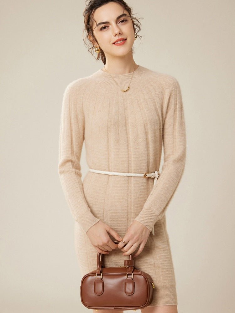 Womens Cashmere Ribbed Knit Dress Long Sleeve Pure Cashmere Dress