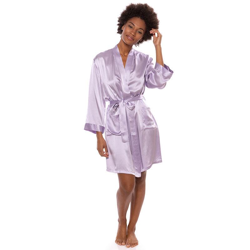 Ladies Lavender Long Sleeve Mid - Length Mulberry Silk Robe with Belt