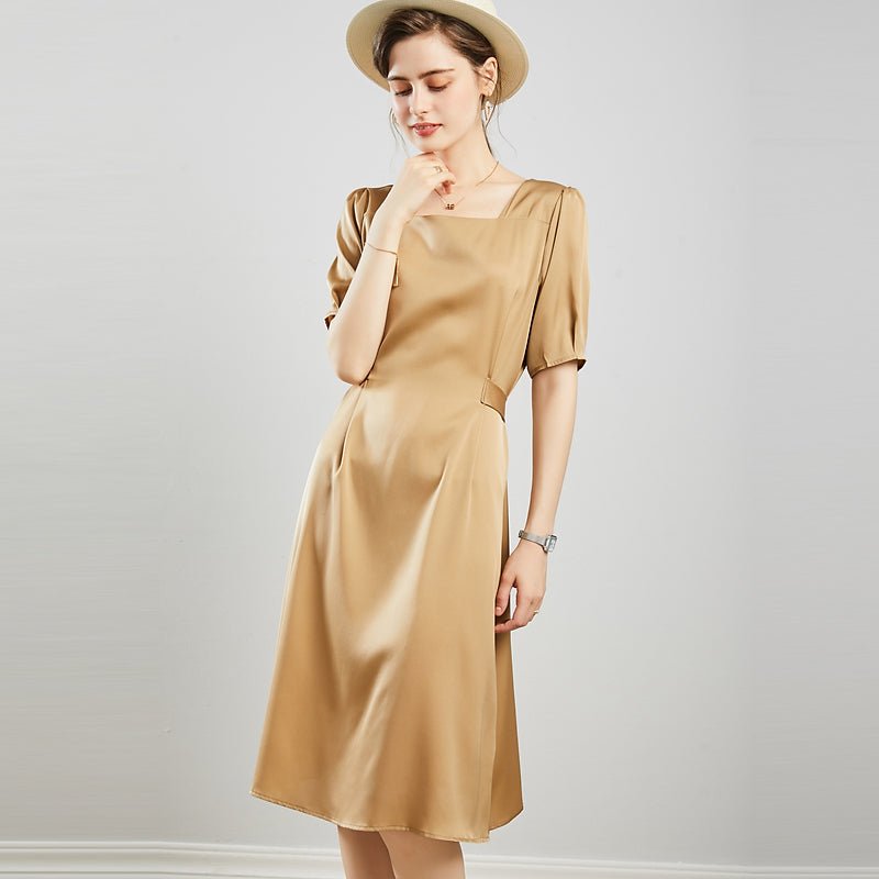 Ladies Pure Silk Dress Square Neck Party Silk Midi Dresses