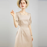 Ladies Pure Silk Dress Square Neck Party Silk Midi Dresses