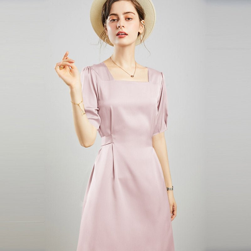 Ladies Pure Silk Dress Square Neck Party Silk Midi Dresses