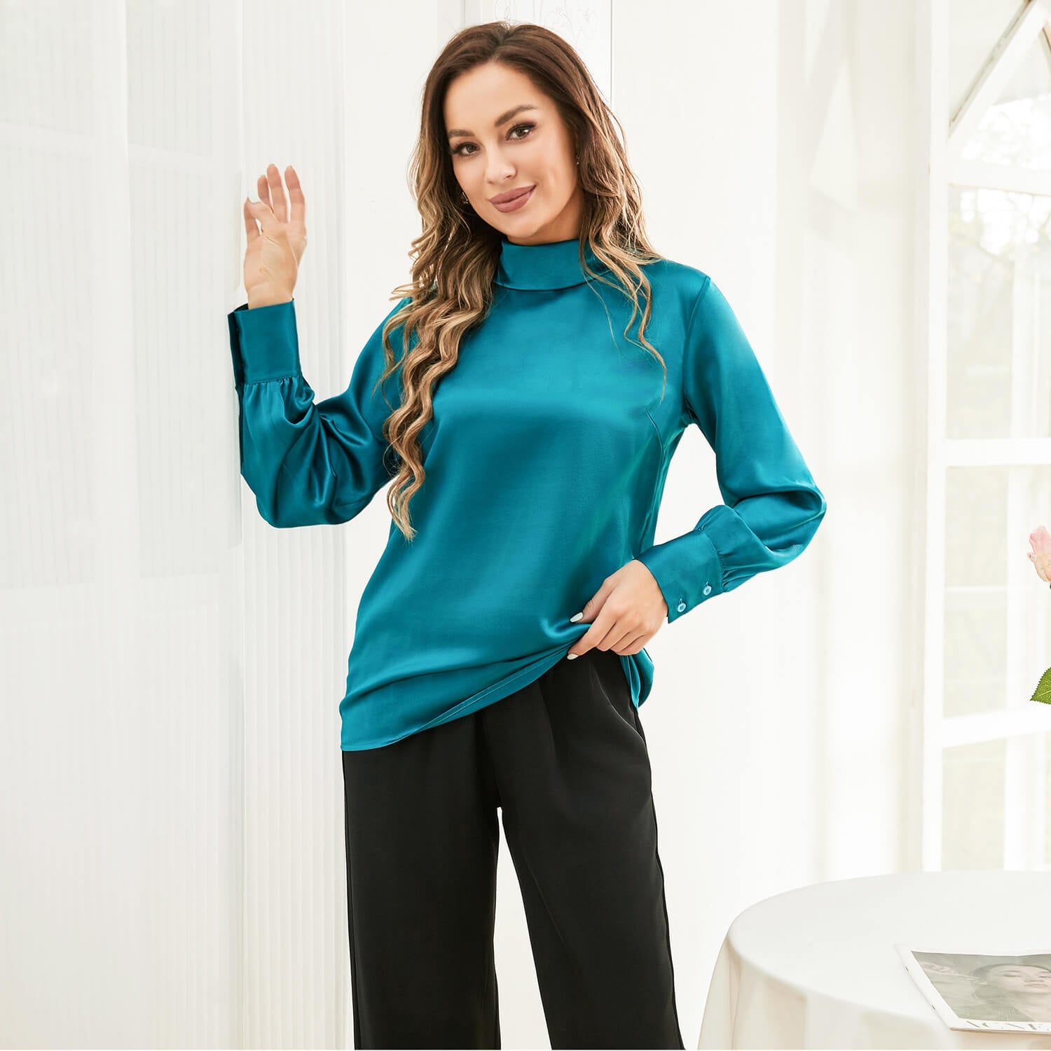Ladies Retro Style Silk Shirt 100% Pure Silk Long Sleeves Elegant Blouse - slipintosoft